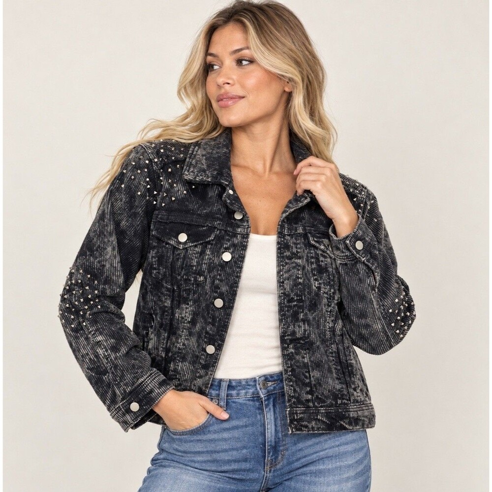POL Jupiter Womens Medium Black Studded Corduroy Jacket Vintage Wash Rocker